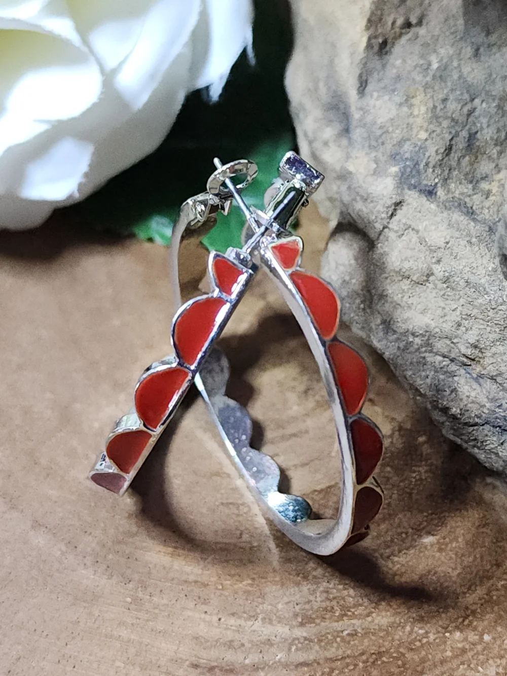 Red Enamel Hoop Scalloped Edge Earrings - Women Jewelry